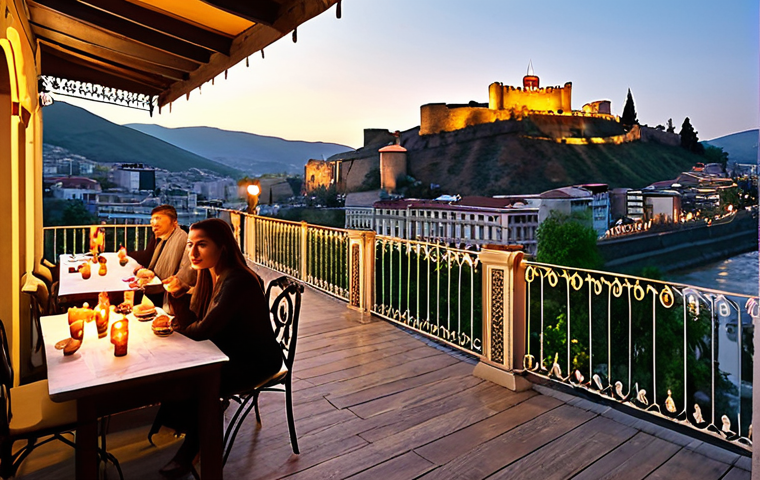 Tbilisi Boutique Hotel Terrace**
"A charming boutique hotel in Tbilisi's Old Town, Georgia, featuring traditional Georgian architecture. The hotel terrace overlooks the Kura River and the illuminated Narikala Fortress at sunset. Guests are enjoying local treats like pkhali and churchkhela."
**