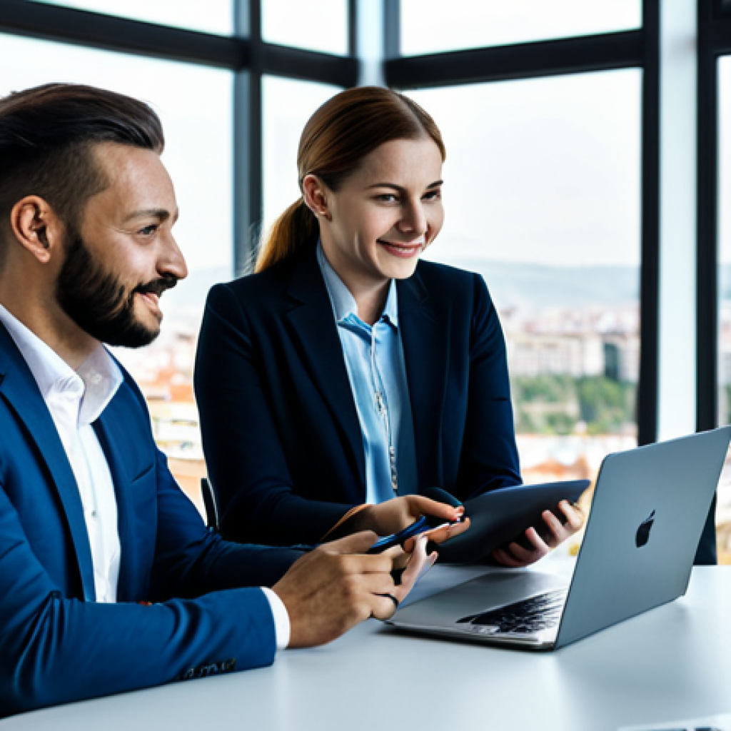 A diverse group of professional individuals in modest business attire, collaborating in a modern tech office space with a blurred, vibrant cityscape of Tbilisi in the background. They are interacting with sleek digital devices, reflecting innovation and progress. The scene is well-lit, conveying optimism and a dynamic work environment, fully clothed, appropriate attire, safe for work, perfect anatomy, correct proportions, natural pose, well-formed hands, proper finger count, professional photography, high quality, family-friendly.