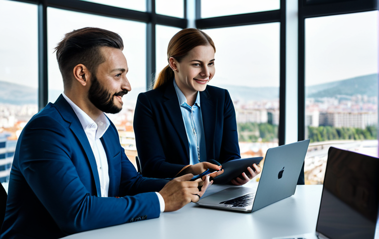 A diverse group of professional individuals in modest business attire, collaborating in a modern tech office space with a blurred, vibrant cityscape of Tbilisi in the background. They are interacting with sleek digital devices, reflecting innovation and progress. The scene is well-lit, conveying optimism and a dynamic work environment, fully clothed, appropriate attire, safe for work, perfect anatomy, correct proportions, natural pose, well-formed hands, proper finger count, professional photography, high quality, family-friendly.