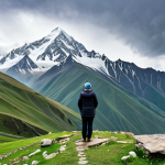 A modest female traveler, fully clothed in warm, appropriate outdoor attire, standing in a natural pose on a rocky outcrop. She is looking towards the iconic Gergeti Trinity Church, perched majestically on a rugged mountain slope in Kazbegi. The ancient stone church is partially shrouded in a soft mist, with the towering, snow-capped peaks of Mount Kazbek rising dramatically behind it under a cloudy sky. The scene captures the serene and awe-inspiring atmosphere of the high-altitude Georgian landscape, embodying faith and nature. Perfect anatomy, correct proportions, natural pose, well-formed hands, proper finger count, natural body proportions. Professional photography, high quality, safe for work, appropriate content, fully clothed, family-friendly.
