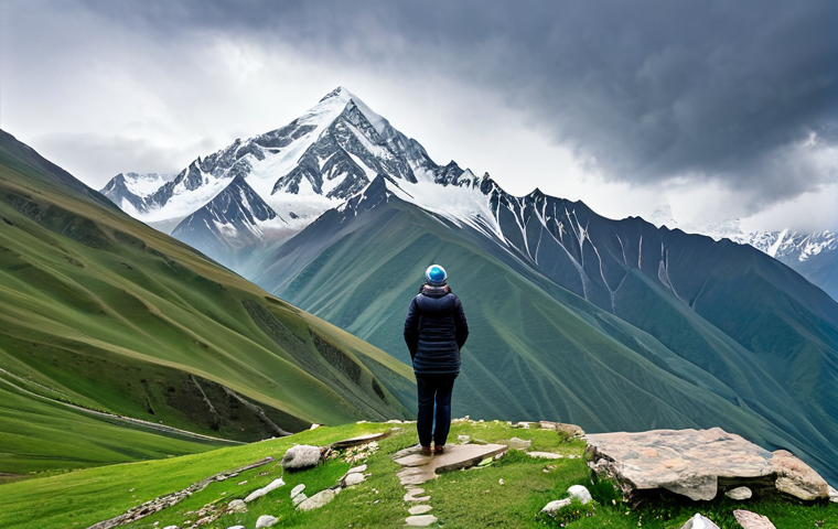 A modest female traveler, fully clothed in warm, appropriate outdoor attire, standing in a natural pose on a rocky outcrop. She is looking towards the iconic Gergeti Trinity Church, perched majestically on a rugged mountain slope in Kazbegi. The ancient stone church is partially shrouded in a soft mist, with the towering, snow-capped peaks of Mount Kazbek rising dramatically behind it under a cloudy sky. The scene captures the serene and awe-inspiring atmosphere of the high-altitude Georgian landscape, embodying faith and nature. Perfect anatomy, correct proportions, natural pose, well-formed hands, proper finger count, natural body proportions. Professional photography, high quality, safe for work, appropriate content, fully clothed, family-friendly.