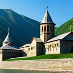 A majestic view of Ananuri Fortress Complex, situated gracefully on the Aragvi River, overlooking the vibrant turquoise Jhinvali Reservoir. The ancient stone walls and towers stand tall amidst emerald green mountainous nature under a clear sky. Architectural focus on the blend of military and religious structures, including the intricate details of a Georgian Orthodox church within the complex. Sunlight bathes the scene, highlighting the textures of the stone. Professional architectural photography, high resolution, realistic, historical, grand scale, fully clothed, modest, family-friendly, appropriate content, safe for work, perfect anatomy, correct proportions.