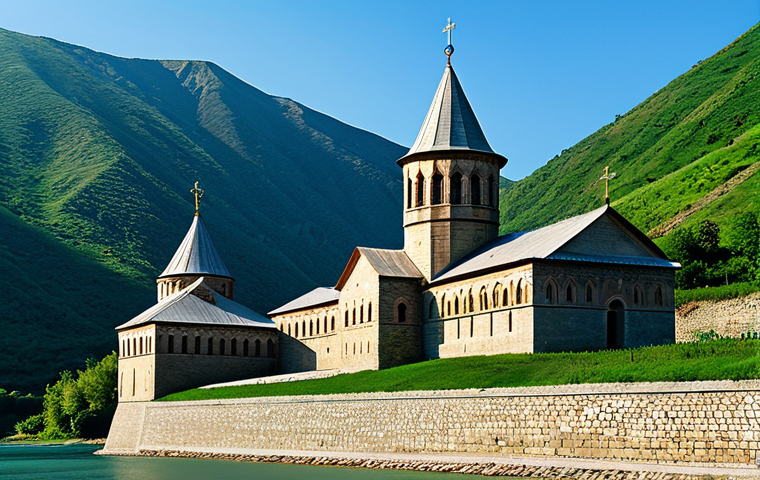 A majestic view of Ananuri Fortress Complex, situated gracefully on the Aragvi River, overlooking the vibrant turquoise Jhinvali Reservoir. The ancient stone walls and towers stand tall amidst emerald green mountainous nature under a clear sky. Architectural focus on the blend of military and religious structures, including the intricate details of a Georgian Orthodox church within the complex. Sunlight bathes the scene, highlighting the textures of the stone. Professional architectural photography, high resolution, realistic, historical, grand scale, fully clothed, modest, family-friendly, appropriate content, safe for work, perfect anatomy, correct proportions.
