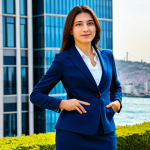 **

A professional businesswoman wearing a modest, dark blue business suit, standing confidently in front of a modern office building in Istanbul, Turkey. The Bosphorus can be seen in the background. She is fully clothed, appropriate attire, safe for work. Perfect anatomy, correct proportions, natural pose, well-formed hands, proper finger count, natural body proportions, professional photography, high quality. Family-friendly.

**
