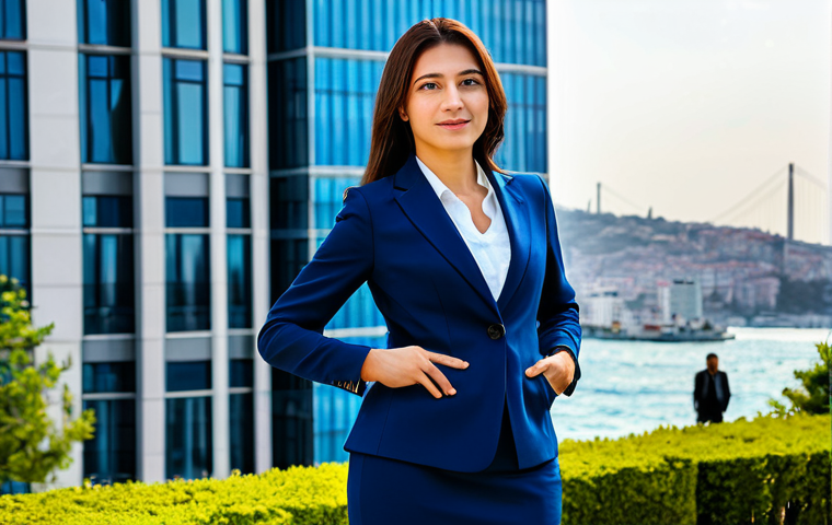 **
A professional businesswoman wearing a modest, dark blue business suit, standing confidently in front of a modern office building in Istanbul, Turkey. The Bosphorus can be seen in the background. She is fully clothed, appropriate attire, safe for work. Perfect anatomy, correct proportions, natural pose, well-formed hands, proper finger count, natural body proportions, professional photography, high quality. Family-friendly.
**