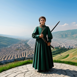 **

"A colossal statue of a woman in traditional Georgian dress, 'Kartlis Deda,' holding a wine glass in one hand and a sword in the other, overlooking a sprawling city. Background features rolling hills and a bright sky. Fully clothed, modest attire, safe for work, perfect anatomy, correct proportions, professional photography, high quality, appropriate content, family-friendly."

**