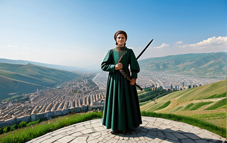 **
"A colossal statue of a woman in traditional Georgian dress, 'Kartlis Deda,' holding a wine glass in one hand and a sword in the other, overlooking a sprawling city. Background features rolling hills and a bright sky. Fully clothed, modest attire, safe for work, perfect anatomy, correct proportions, professional photography, high quality, appropriate content, family-friendly."
**