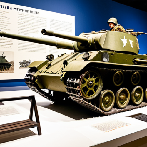 **Prompt:** A museum exhibit showcasing World War II-era military equipment, including a Soviet T-34 tank and a German MG-42 machine gun, displayed indoors with informational signage. The scene emphasizes the historical significance and scale of the weaponry. Fully clothed visitors are observing respectfully. Safe for work, appropriate content, professional, modest, perfect anatomy, natural proportions, professional photography, high quality.