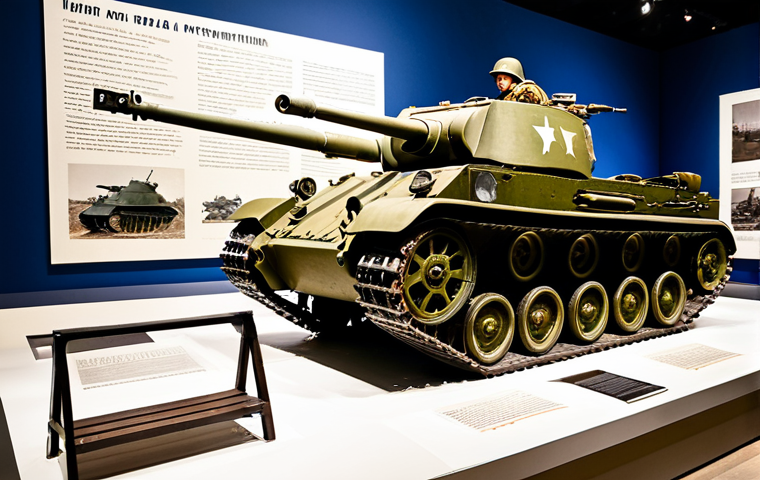 **Prompt:** A museum exhibit showcasing World War II-era military equipment, including a Soviet T-34 tank and a German MG-42 machine gun, displayed indoors with informational signage. The scene emphasizes the historical significance and scale of the weaponry. Fully clothed visitors are observing respectfully. Safe for work, appropriate content, professional, modest, perfect anatomy, natural proportions, professional photography, high quality.